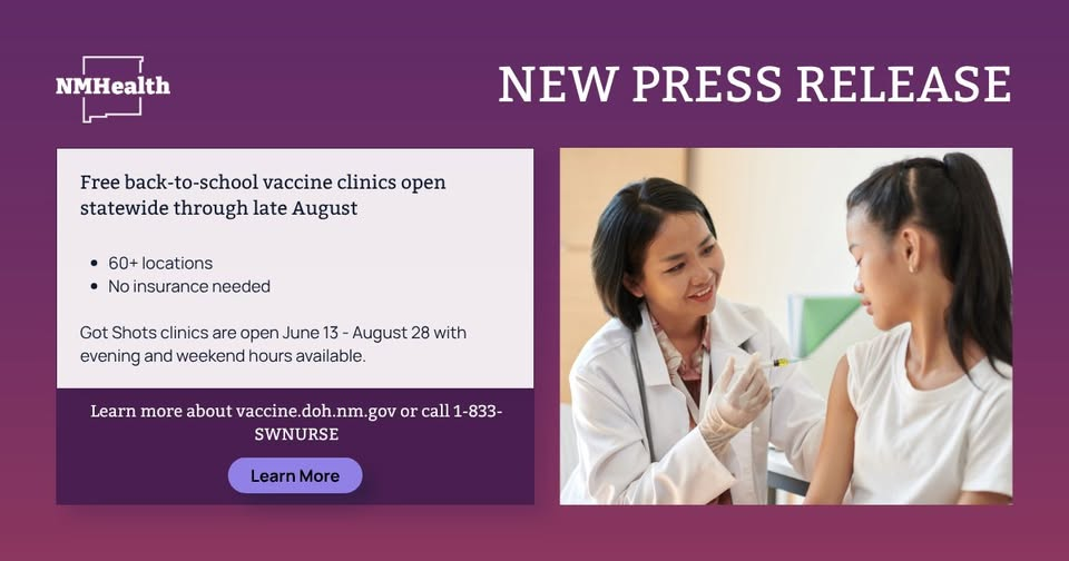 Department Of Health Announces Free Back-To-School Vaccinations For All New Mexico Children Beginning June 13