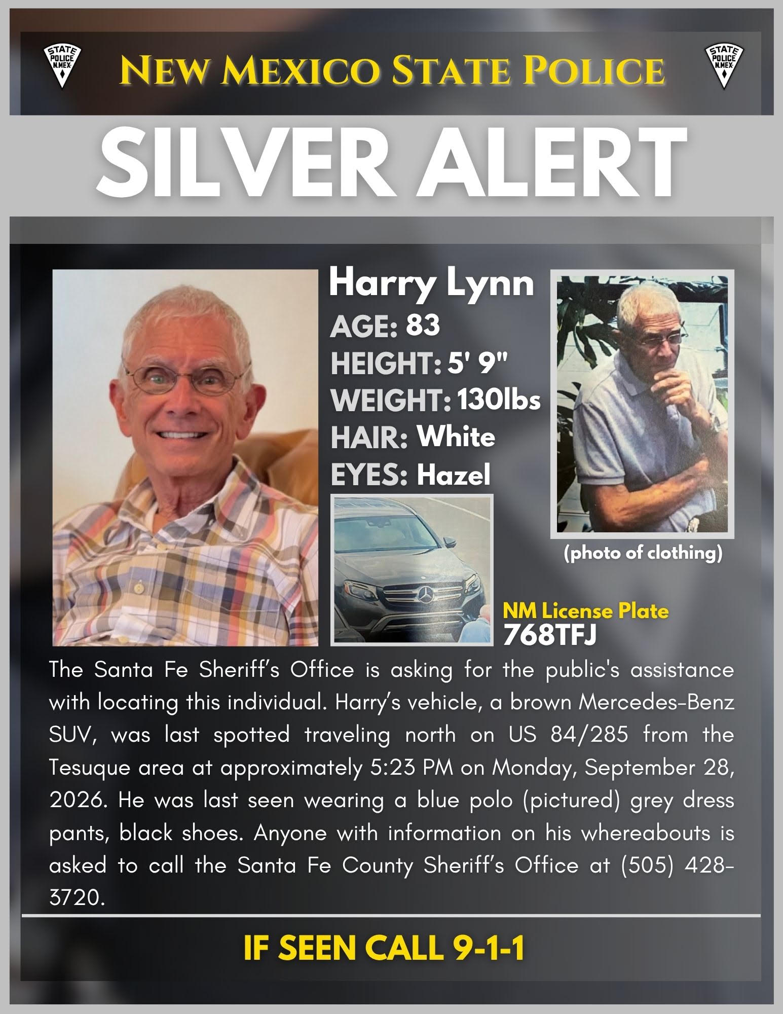 Silver Alert Issued For Man Seen Heading North From Tesuque Monday Afternoon On US 84/285