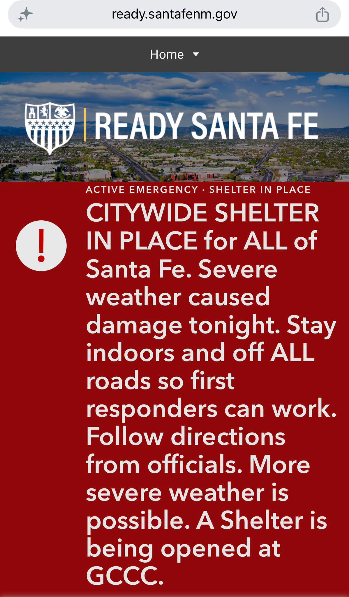 ‘Ready Santa Fe’ Announces Citywide Shelter In Place Due To Severe Weather-Caused Damage Tonight